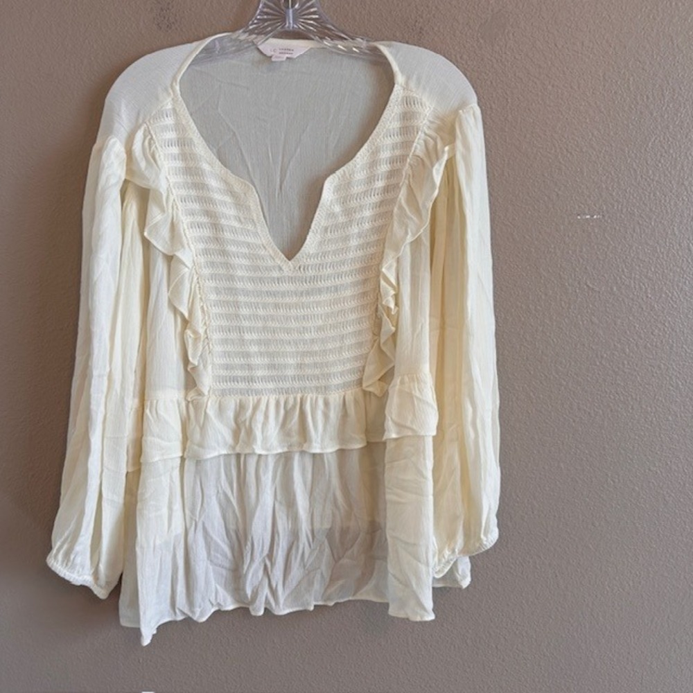 LC Lauren Conrad Ivory White Smocked Ruffle V-Neck 3/4 Sleeve Blouse XXL Women's